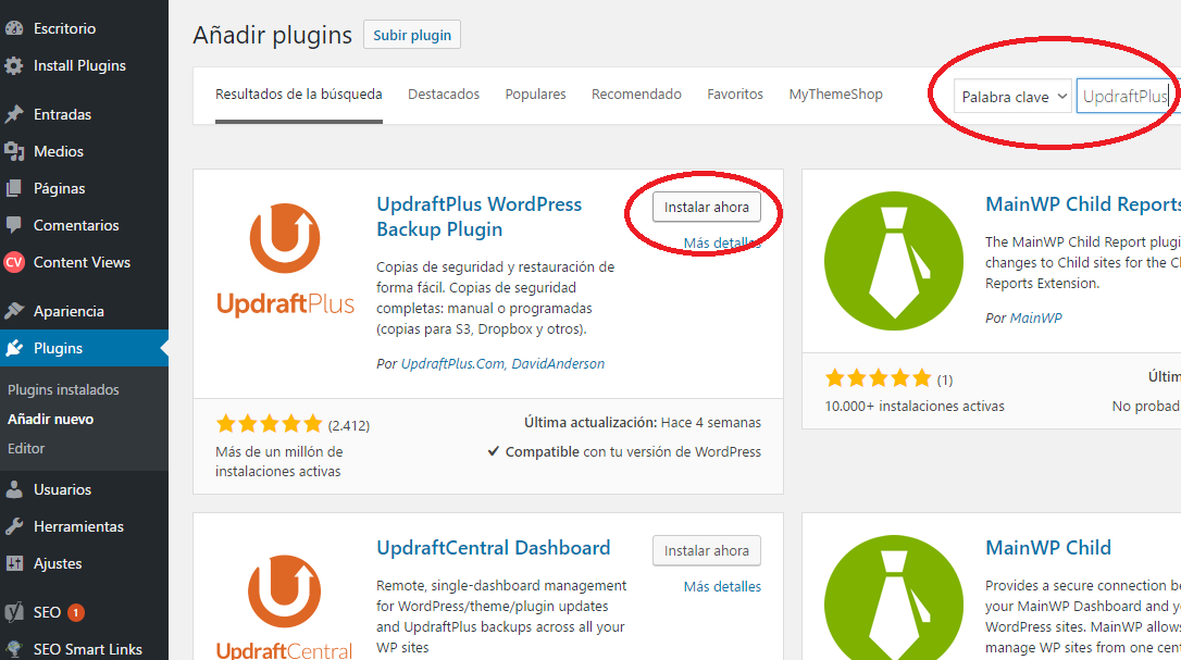 En el campo superior derecho ingresamos el nombre "UpdraftPlus" y luego hacemos click en el botón "Instalar ahora"