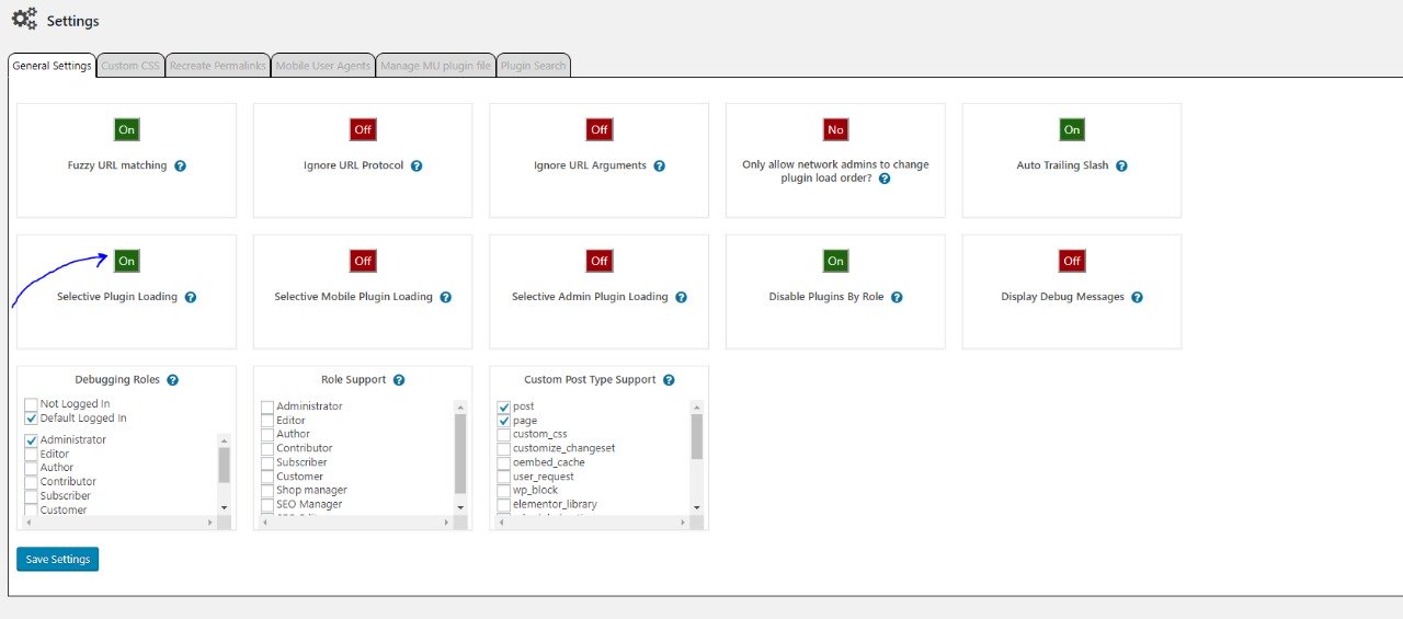 Una vez instalado vamos a la configuración y destildamos el selective plugin loading.